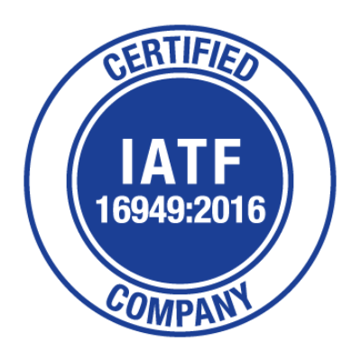 The image displays a round blue seal with the text "CERTIFIED IATF 16949:2016 COMPANY" against a plain green background, indicating quality management system certification in the automotive sector.