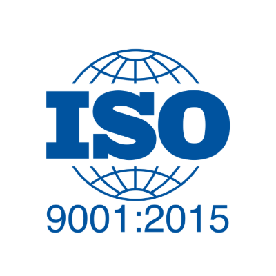 The image displays the ISO 9001:2015 certification mark, featuring a stylized globe, bold blue letters "ISO", and the standard's designation below in a green background.