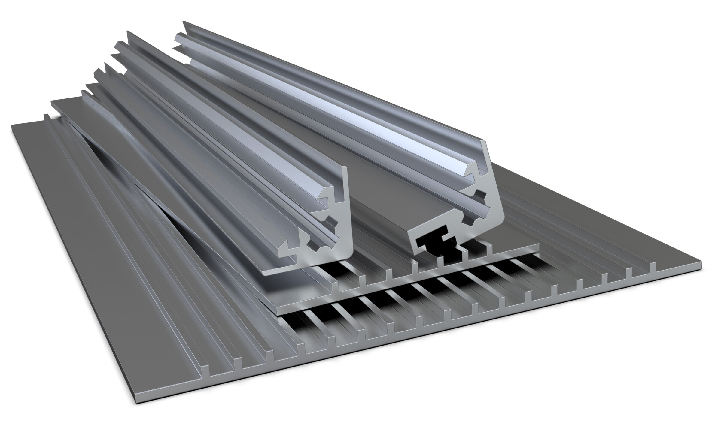 This image depicts a collection of metal profiles and sections of different shapes, commonly used in construction or manufacturing, against a white background.