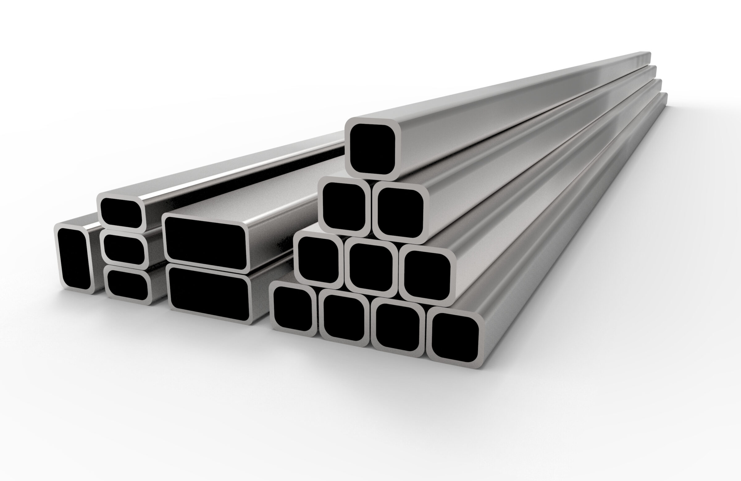 This image shows a collection of square and rectangular steel tubes arranged in parallel, with a white background emphasizing their metallic texture.