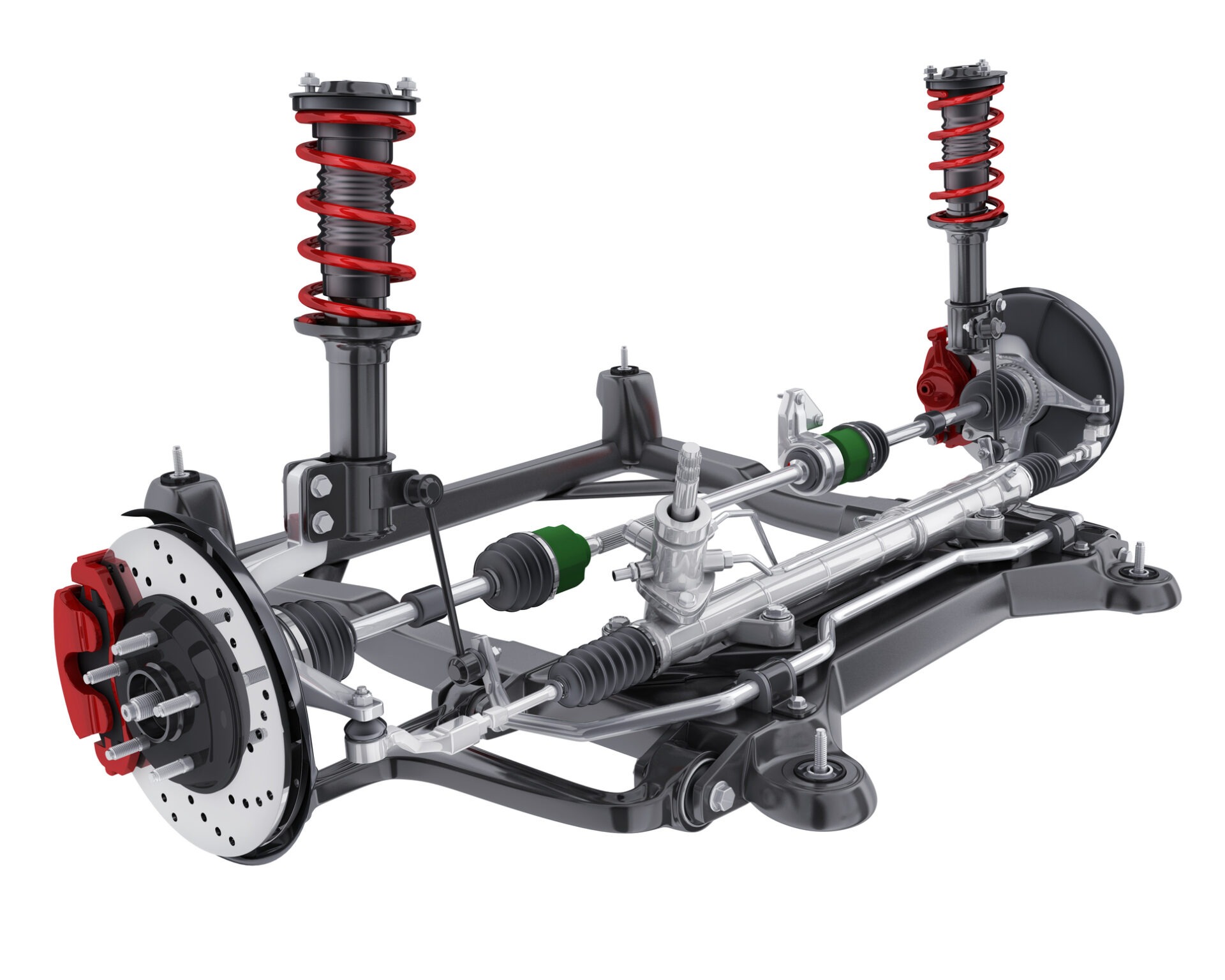 This image shows a modern car's double wishbone suspension system with red coil springs, brakes, and detailed mechanical components, isolated on white background.