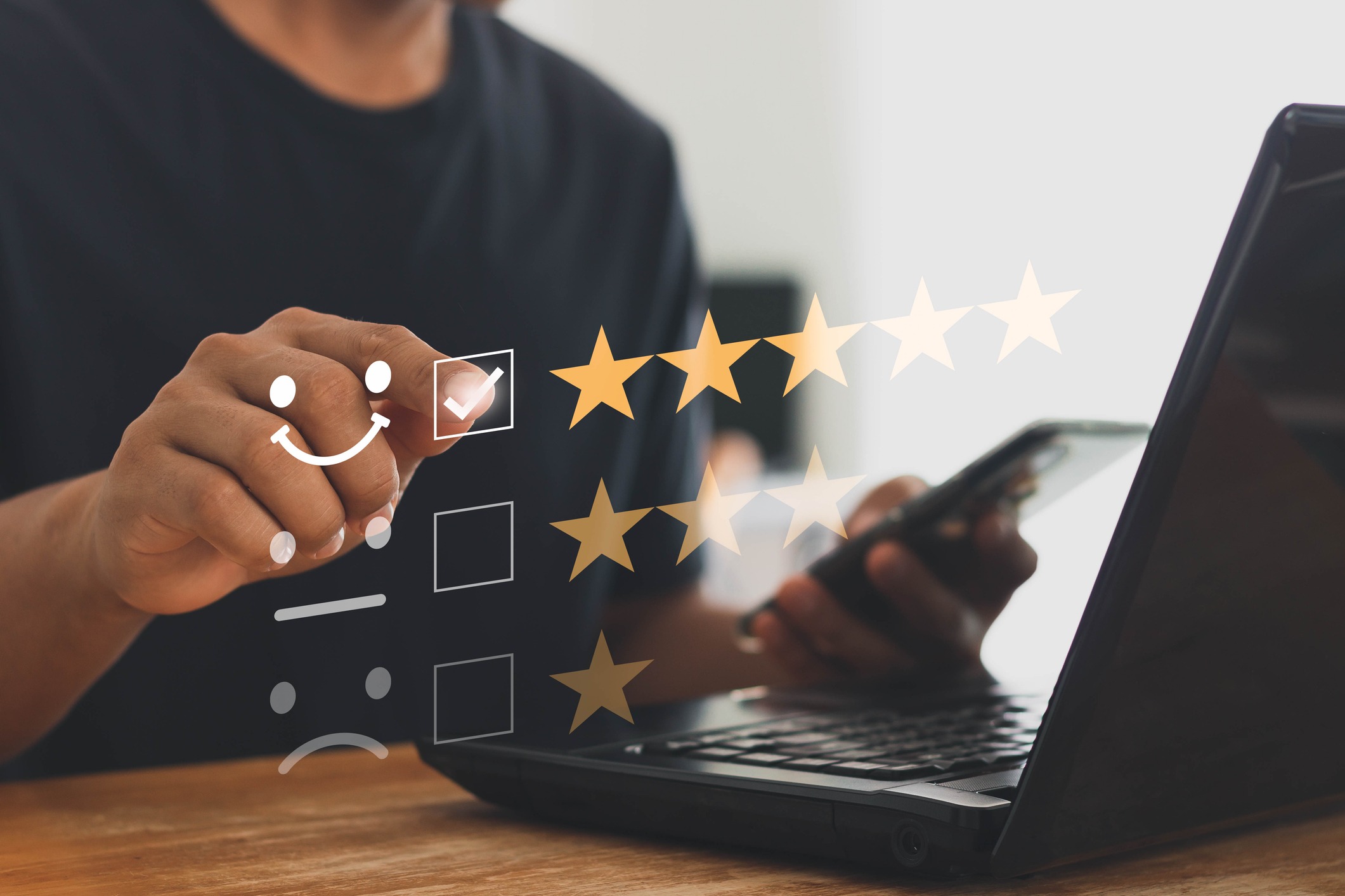 Online customer service and satisfaction survey concept with internet technology. Finger of businessman touching and check mark icon face emoticon smile, service mind, service rating. Work from home.